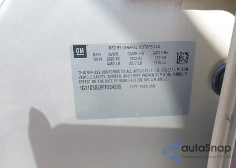 2015 Chevrolet Malibu 1Lt z USA, uszkodzony, nr VIN 1G11C5SL9FF254305